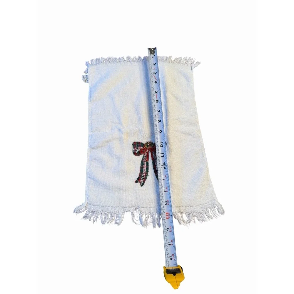 Vintage Franco Christmas Hand Towel White Terry Plaid Bow Fringe Bathroom Decor